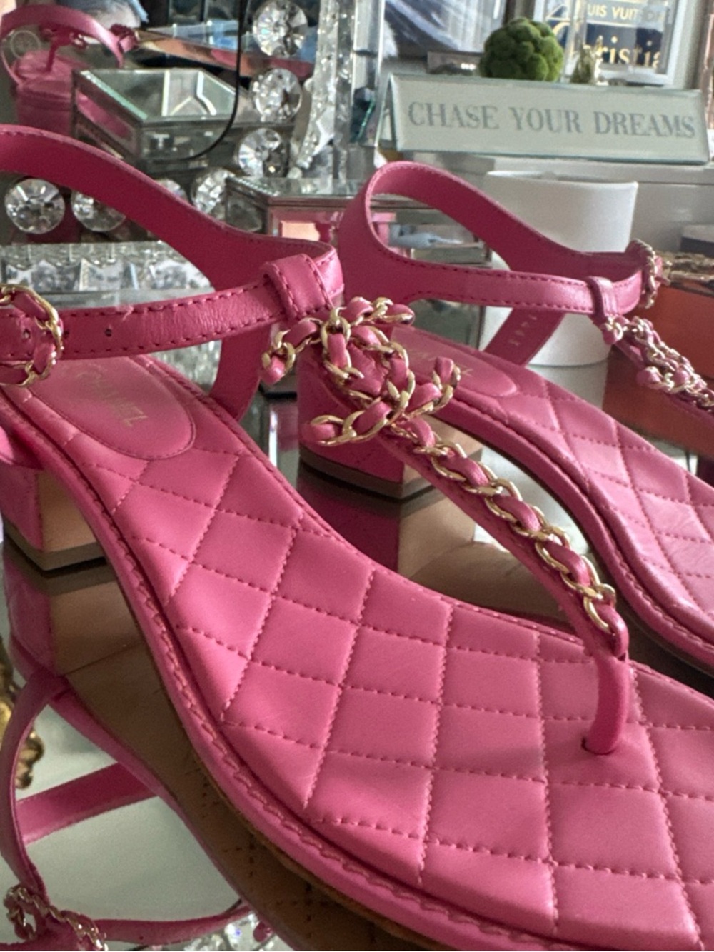 Chanel Pink Quilted T-Strap Sandals with Gold Chain Trim